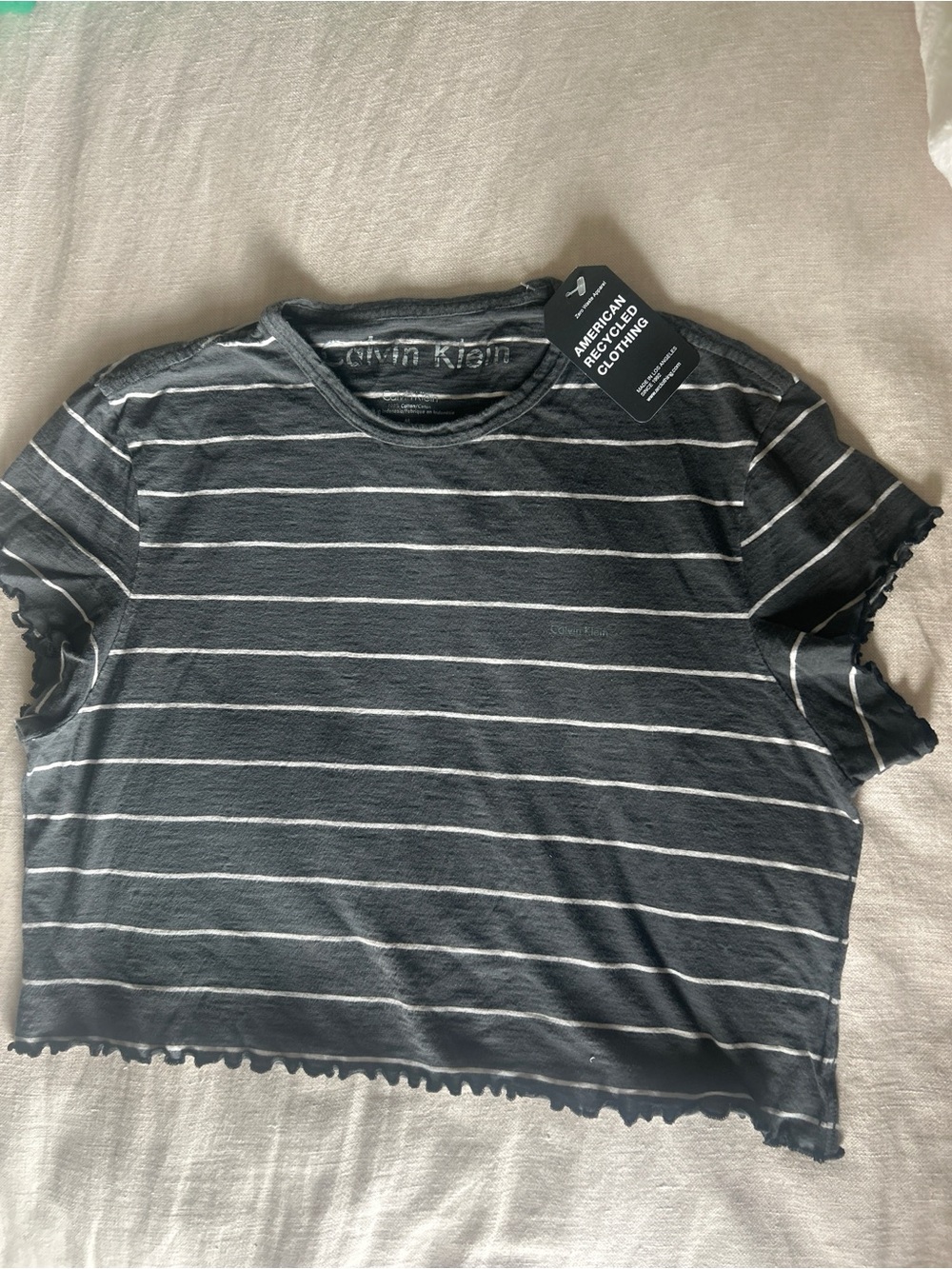 Calvin Klein Striped Lettuce Trim Crop Top Tee - Size M - NWT